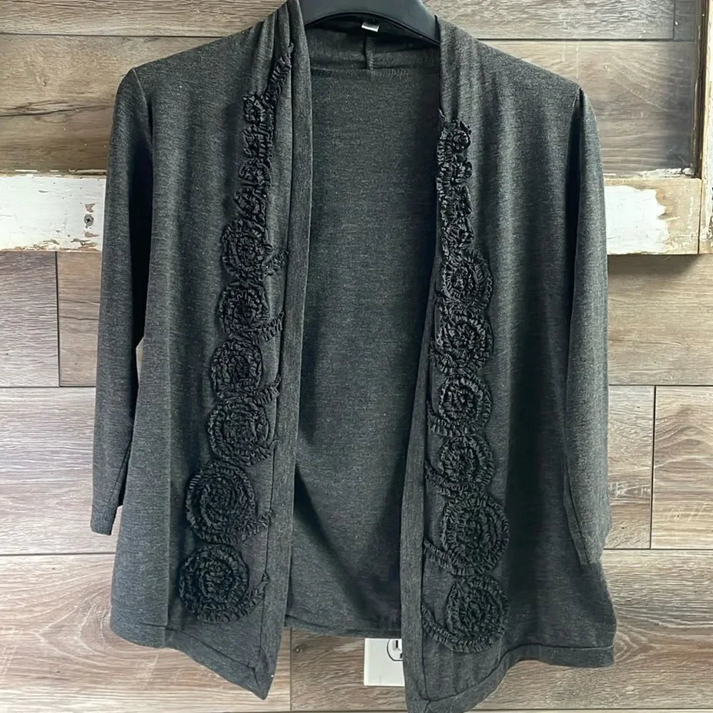 Forever Fashion Ladies Cardigan, Size Petite Small, Black with Cloth Floral Trim